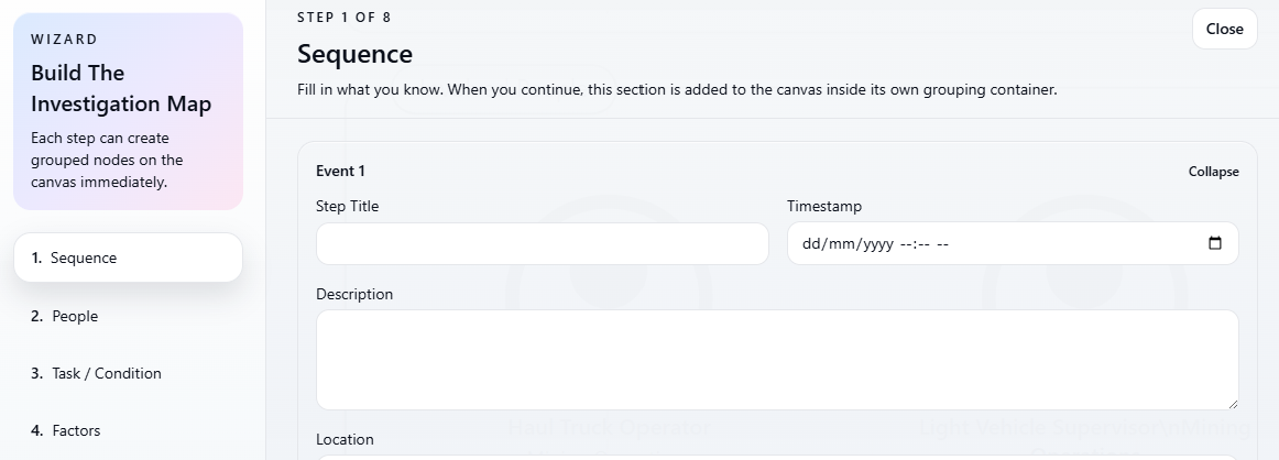 Guided wizard for building an investigation map