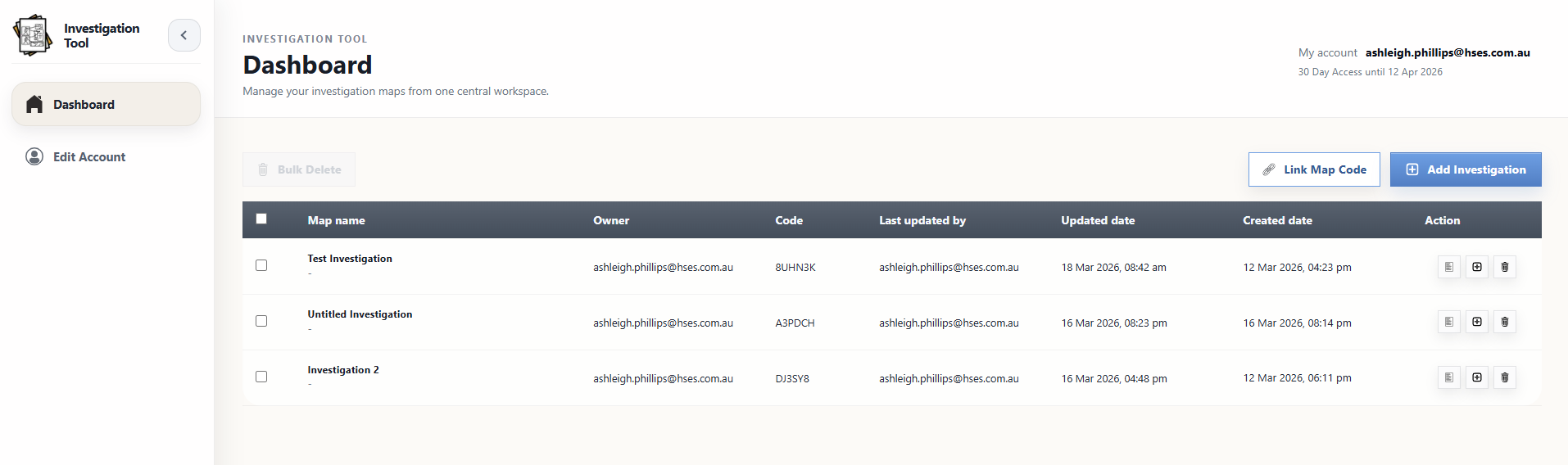 Dashboard showing investigations and access controls
